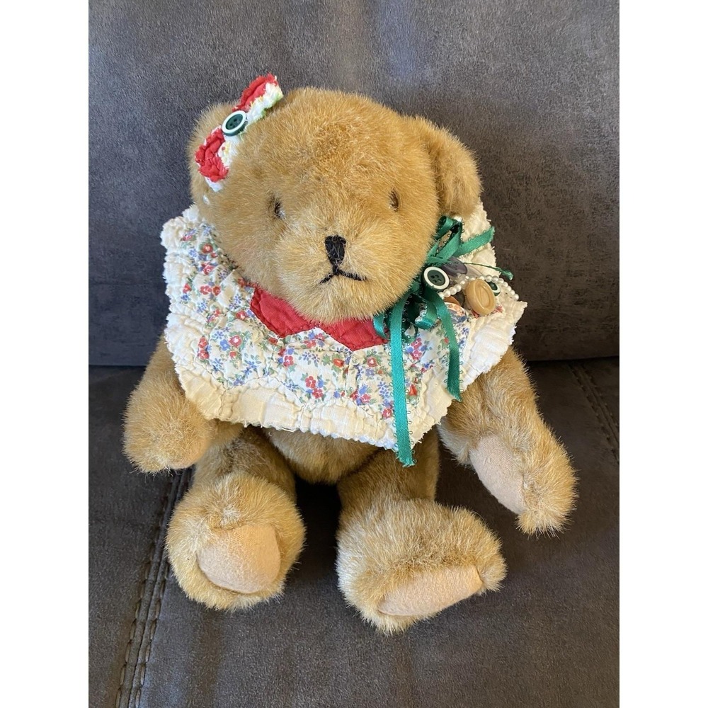 Tender Heart Treasure Jointed Teddy Bear w/Collar, Bow & Earrings Christmas 12"